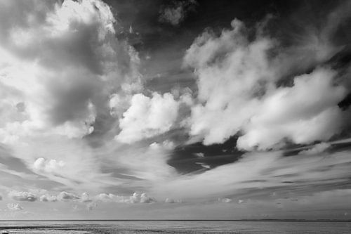 Clouds over the Wadden Sea in black and white