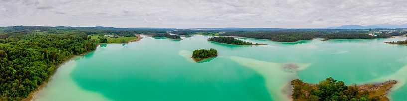 Aerial panorama of the Osterseen with turquoise water and forest by Hans-Heinrich Runge