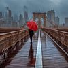Woman With Red Umbrella On The Brooklyn Bridge In New York by Nico Geerlings