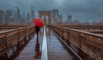 Woman With Red Umbrella On The Brooklyn Bridge In New York