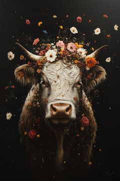 White Majesty - Bull surrounded by floral splendour by Eva Lee