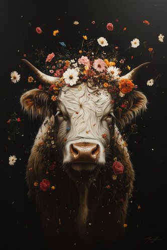 Weiße Majestät - Stier umgeben von Blumenpracht