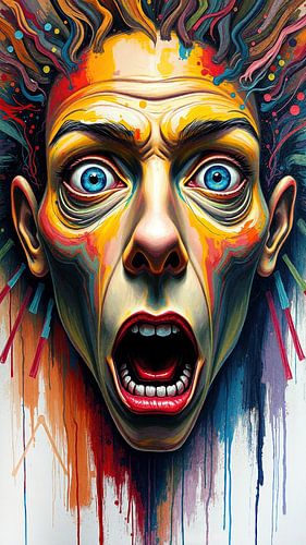 Een moment van verbazing, een surrealistisch gezicht bevroren in het wild pulserende ritme van kleur (2 van 3)