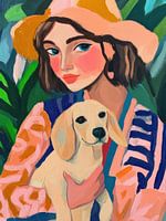 Gouache Frau mit Welpe