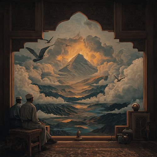 Mystieke ramadanviering in Dreamscape met vintage surrealistische illustraties en etherische details