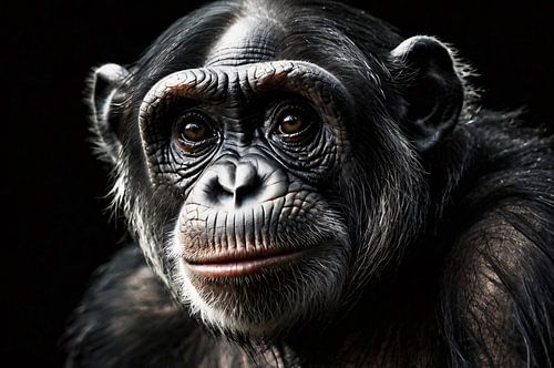 Gedetailleerd zwart-wit portret van chimpansee