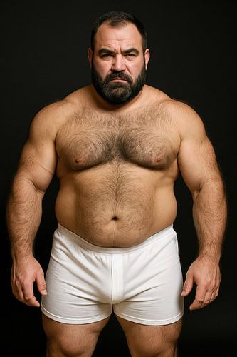 Man met baard in witte short op zwarte achtergrond