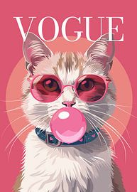 Cat stylish wearing sunglasses blowing pink bubble gum vogue poster by Cross