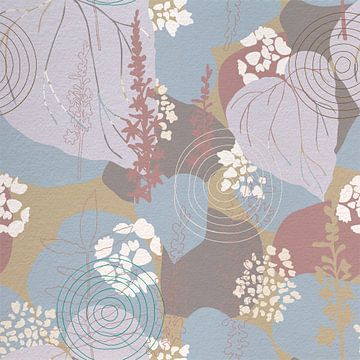 Fleurs dans un style rétro. Art botanique abstrait moderne en bleu, rose et beige. sur Dina Dankers