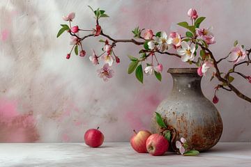 Branches de fleurs de pommier dans un vase sur Cafe Noir