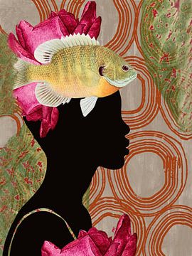 Surrealist Portrait: African Woman with Fish and Flowers by Patricia Leona Art