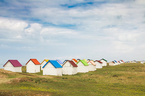 Beach houses in Gouville-sur-Mer, Normandy, France
