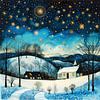 Paysage d'hiver avec des étoiles dans un style folklorique sur Vlindertuin-Art