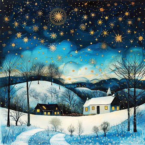 Winters landschap met sterren in folkloristische stijl