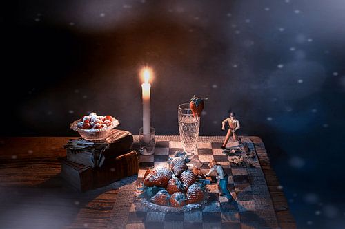 Dromerig , humorvol  stilleven met fruit , en champagne .