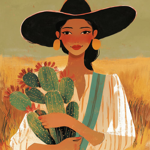Blooming in the Sun – Woman with a Black Hat and a Cactus in Warm Earthy Tones