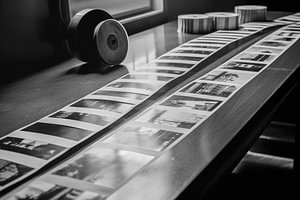 Fotografie Negativstreifen in Schwarzweiß, der Film auf dem Tisch