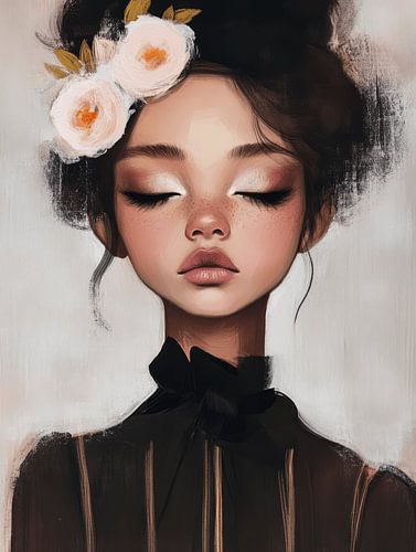 Modern portrait with flowers in pastel colours by Carla Van Iersel