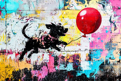 Hond achtervolgt rode ballon