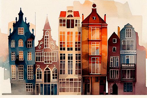 Amsterdam canal houses with watercolour