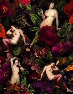 Antique Nymphen im Nacht Blumen Garten