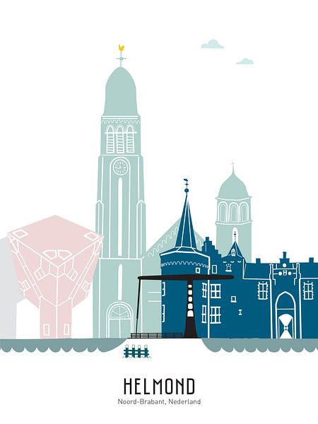 Skyline illustratie stad Helmond in kleur van Mevrouw Emmer
