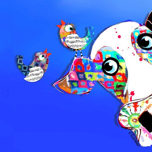 Vrolijk schilderij van kleurrijke kleuren en vogels