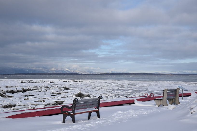 Benches on the quay in winter by Claude Laprise