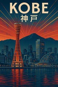 Kobe Port Tower Glow - Retro Skyline Art Deco Druck