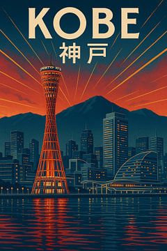 Kobe Port Tower Glow - Retro Skyline Art Deco Print