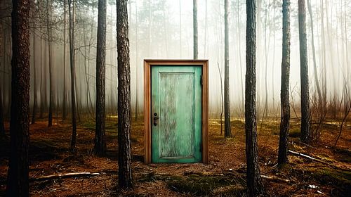 Groene deur in een mistig bos