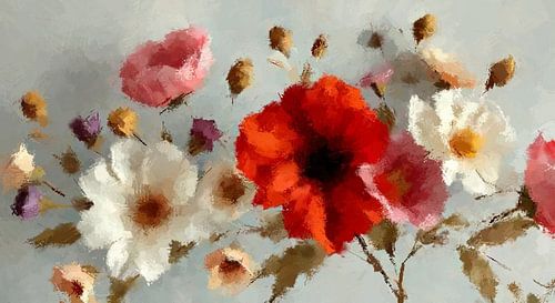 Een schilderij van bloemen landelijke stijl.