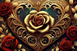 Vintage Gold Herz mit roten Rosen