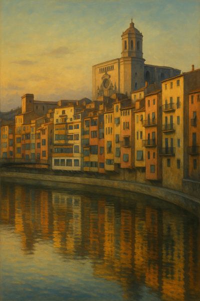 Sonnenuntergang in Girona - Häuser entlang des Flusses Onyar von Travel Shop