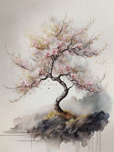 Japandi Art. Sereen Japans landschap met kersenbloesem boom