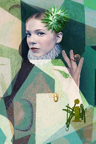 Isa, Spider, snail, dahlia & i (1 van serie 4) groen- en aardetinten. Retro look