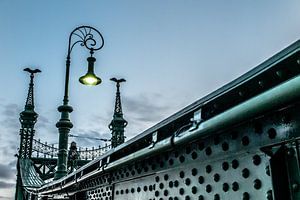 Freiheitsbrücke in Budapest bei Einbruch der Dunkelheit
