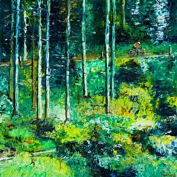 Wielrenner in het bos | Groen schilderij met bomen en fietser van Anja Namink - Schilderijen