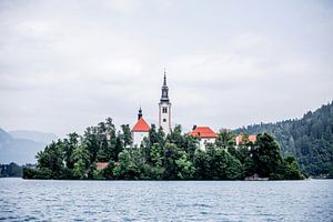Kerk midden in het meer van Bled, Slovenië van Ratna Bosch