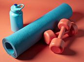 Fitnessapparatuur inclusief yogamat, halters en waterfles op oranje achtergrond van Markus Gann thumbnail