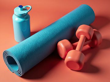 Fitnessapparatuur inclusief yogamat, halters en waterfles op oranje achtergrond van Markus Gann