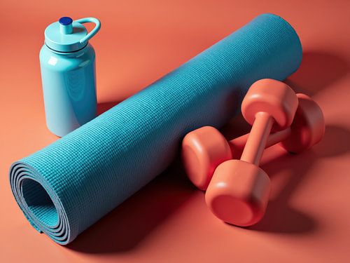 Fitness equipment including yoga mat, dumbbells, and water bottle on orange background