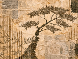 Atmospheric Bonsai: Oriental Botanical Collage in Earthy Tones by Studio Pieternel
