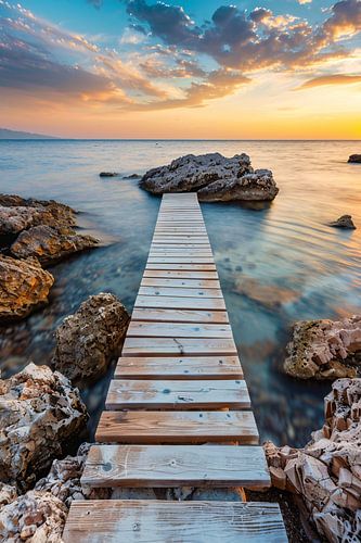 Houten Steiger met Zonsondergang aan de Kust
