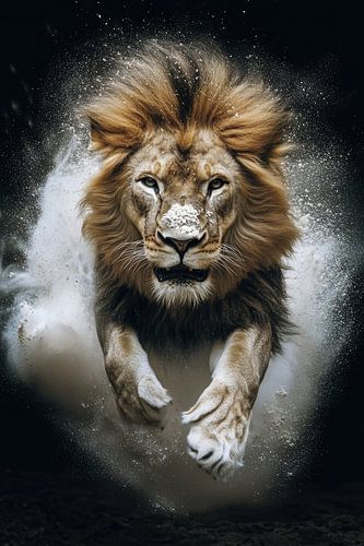 Een krachtige leeuw sprint door een wolk van opwaaiend stof