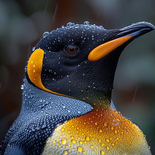 Un manchot royal debout sous la pluie, couvert de gouttes d'eau