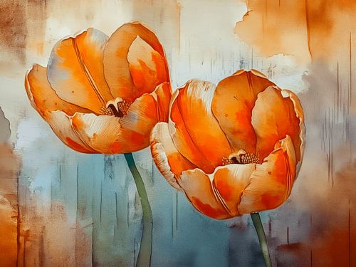 Spring floral still life: Two orange tulips in an artistic watercolour style