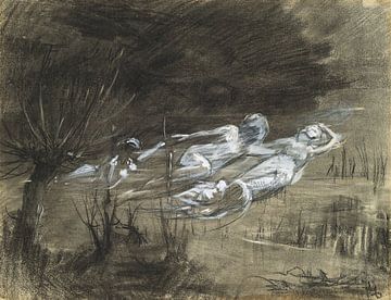 Frederick Trapp-Friis - Zwemmende vrouw in een rivier, vergezeld door twee vrouwelijke geesten (ca. 1895) van Peter Balan