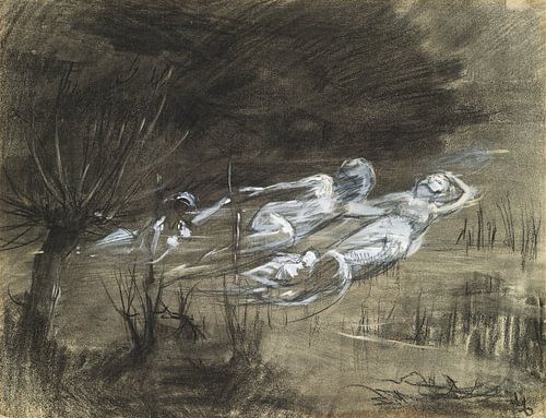 Frederick Trapp-Friis - Zwemmende vrouw in een rivier, vergezeld door twee vrouwelijke geesten (ca. 1895)