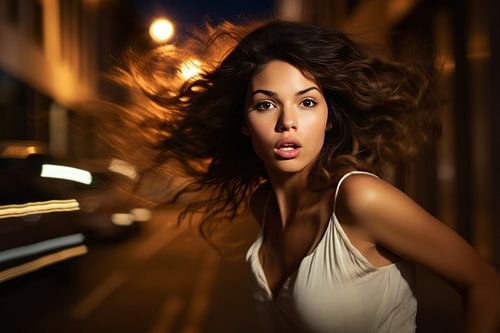 Portrait of a young woman in a busy city